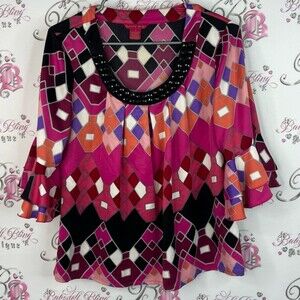 Sunny Leigh blouse ruffle beaded neckline Pink and Black Geometric Blouse